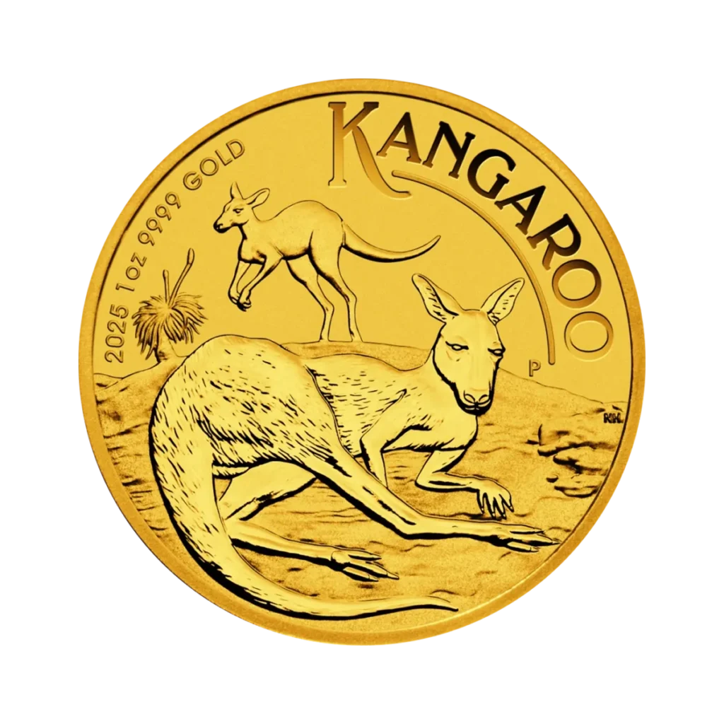 Una moneda de oro, el Canguro Australiano Oro 2025 de 1 oz, muestra dos canguros -uno tumbado delante y otro de pie detrás- con la inscripción KANGAROO, 2025 1 oz 9999 GOLD en el canto.