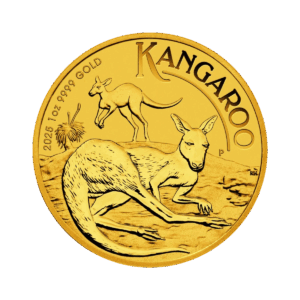La moneta da 1 oz Canguro Australiano Oro 2025 presenta due canguri, uno sdraiato e l'altro in piedi accanto a un piccolo albero, con l'iscrizione KANGAROO, 2025 1oz 9999 GOLD e una finitura in oro brillante.