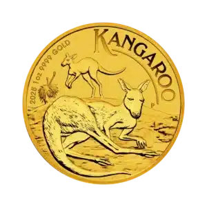 Una moneda de oro, el Canguro Australiano Oro 2025 de 1 oz, muestra dos canguros -uno tumbado delante y otro de pie detrás- con la inscripción KANGAROO, 2025 1 oz 9999 GOLD en el canto.