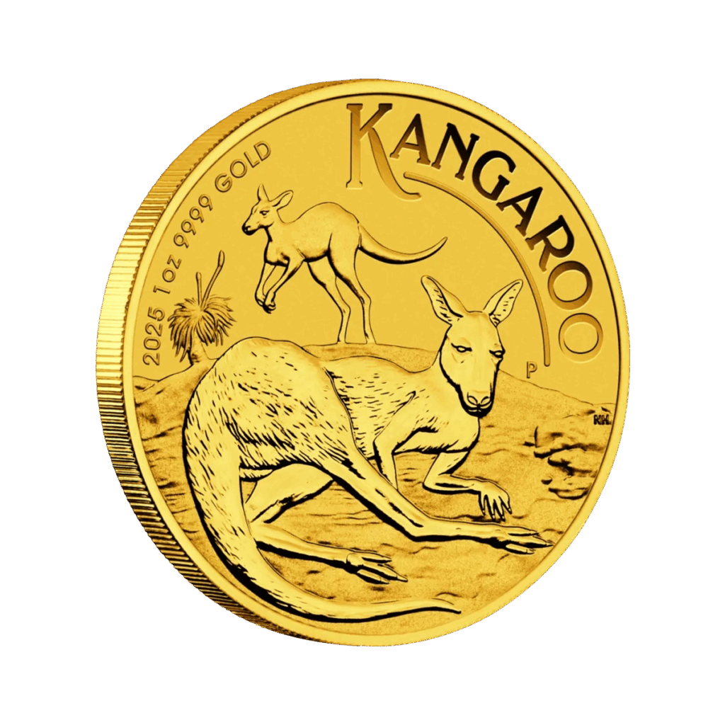 La moneta d'oro da 1 oz Canguro Australiano Oro 2025 mostra due canguri, uno in piedi e uno al pascolo, con la scritta "KANGAROO" in alto e l'iscrizione "2025 1oz 9999 GOLD" lungo il bordo.