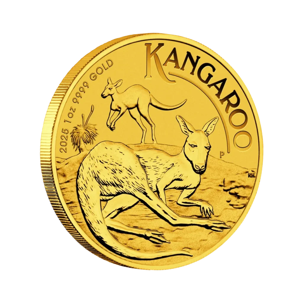 La moneda de 1 oz Canguro Australiano Oro 2025 muestra dos canguros, uno de pie y otro descansando, con la inscripción "KANGAROO" sobre ellos y "2025 1oz 9999 GOLD" inscrita en el borde izquierdo.