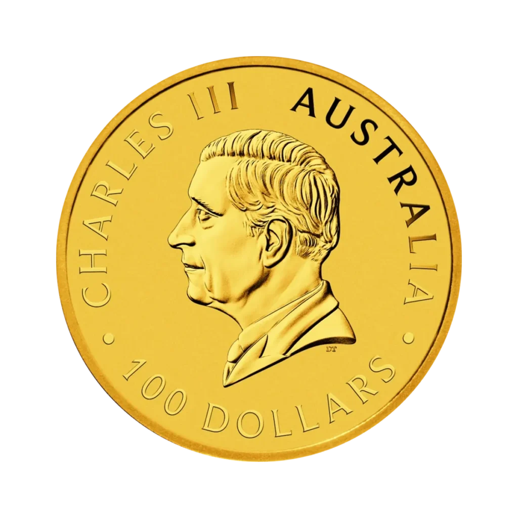 El Canguro Australiano Oro 2025 de 1 oz es una moneda australiana de oro con el perfil del rey Carlos III mirando hacia la izquierda, la inscripción CHARLES III AUSTRALIA en el canto y la denominación de 100 DÓLARES en la parte inferior.