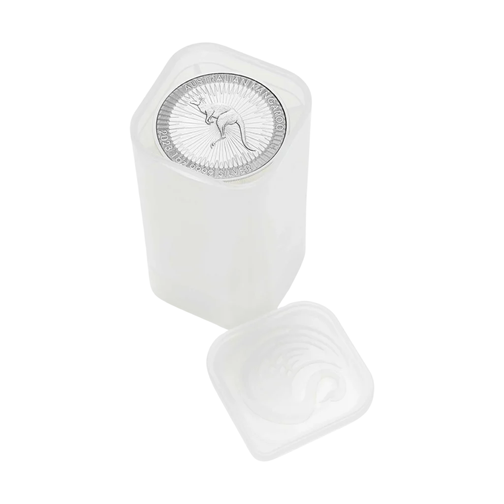 Tubo transparente para monedas con una moneda de plata australiana Nugget visible en la parte superior, junto a su tapa transparente desprendida, todo ello sobre fondo blanco.