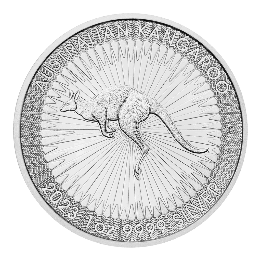 Una moneta d'argento chiamata Silver Australian Nugget presenta un canguro dettagliato a metà salto, linee di sfondo a raggiera e la scritta "AUSTRALIAN KANGAROO" e "2023 1 oz 9999 SILVER" intorno al bordo.
