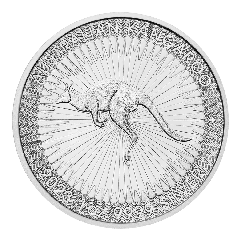Una moneta d'argento chiamata Silver Australian Nugget presenta un canguro dettagliato a metà salto, linee di sfondo a raggiera e la scritta "AUSTRALIAN KANGAROO" e "2023 1 oz 9999 SILVER" intorno al bordo.