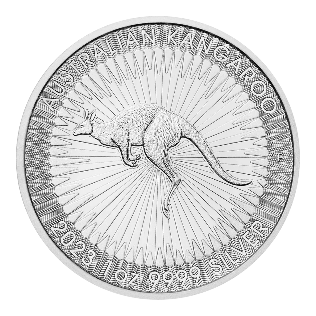 La moneda de plata Australian Nugget muestra un canguro detallado en pleno salto, rodeado de líneas radiales, con "AUSTRALIAN KANGAROO" en la parte superior y "2023 1 oz 9999 SILVER" en la parte inferior.