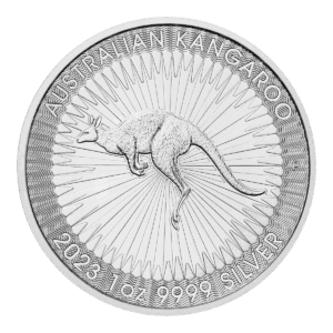 Una moneta d'argento chiamata Silver Australian Nugget presenta un canguro dettagliato a metà salto, linee di sfondo a raggiera e la scritta "AUSTRALIAN KANGAROO" e "2023 1 oz 9999 SILVER" intorno al bordo.