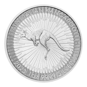 La moneda de plata Australian Nugget muestra un canguro detallado en pleno salto, rodeado de líneas radiales, con "AUSTRALIAN KANGAROO" en la parte superior y "2023 1 oz 9999 SILVER" en la parte inferior.