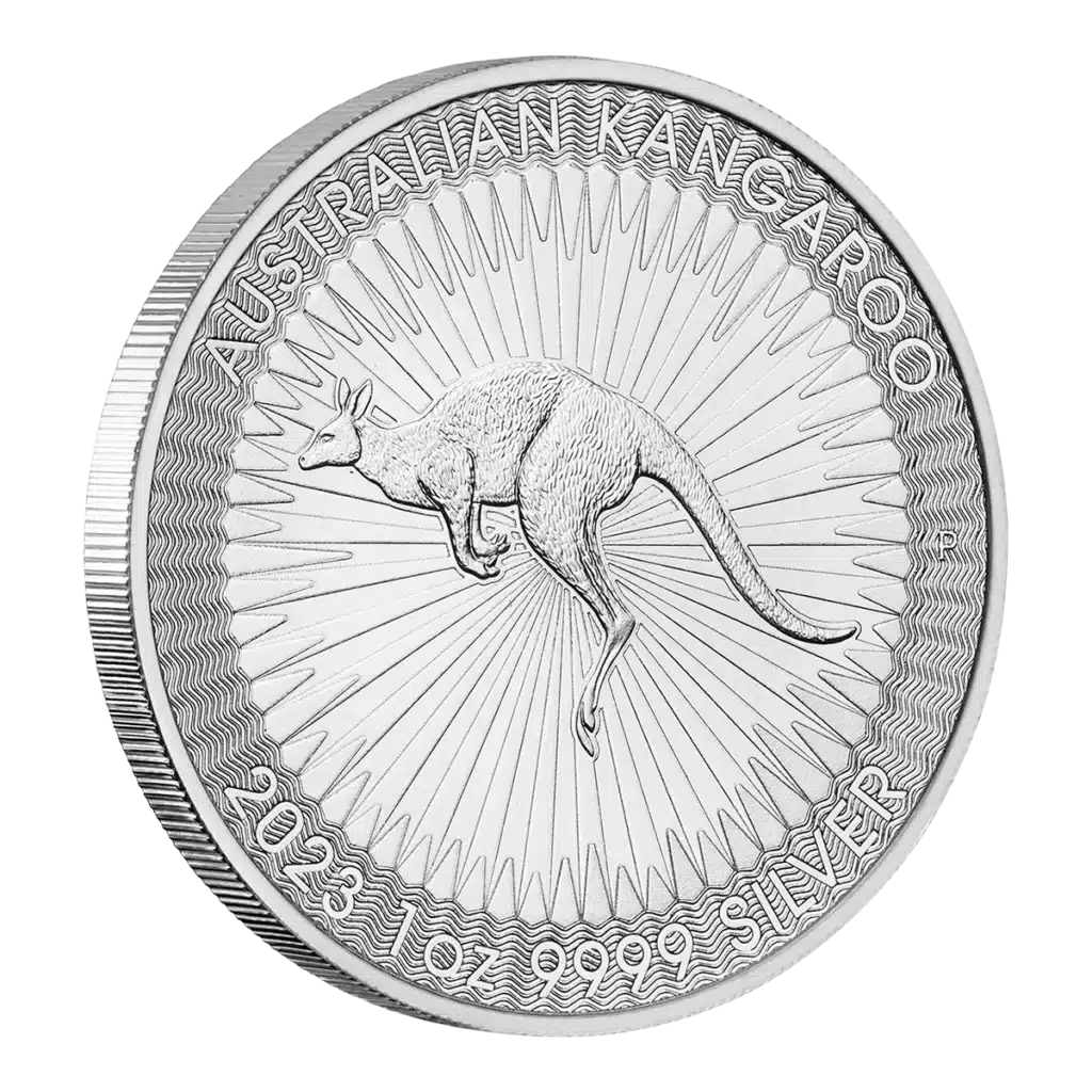 La moneda de plata Australian Nugget muestra un canguro central con líneas radiales, inscrito con AUSTRALIAN KANGAROO arriba y 2023 1 oz 9999 SILVER abajo.
