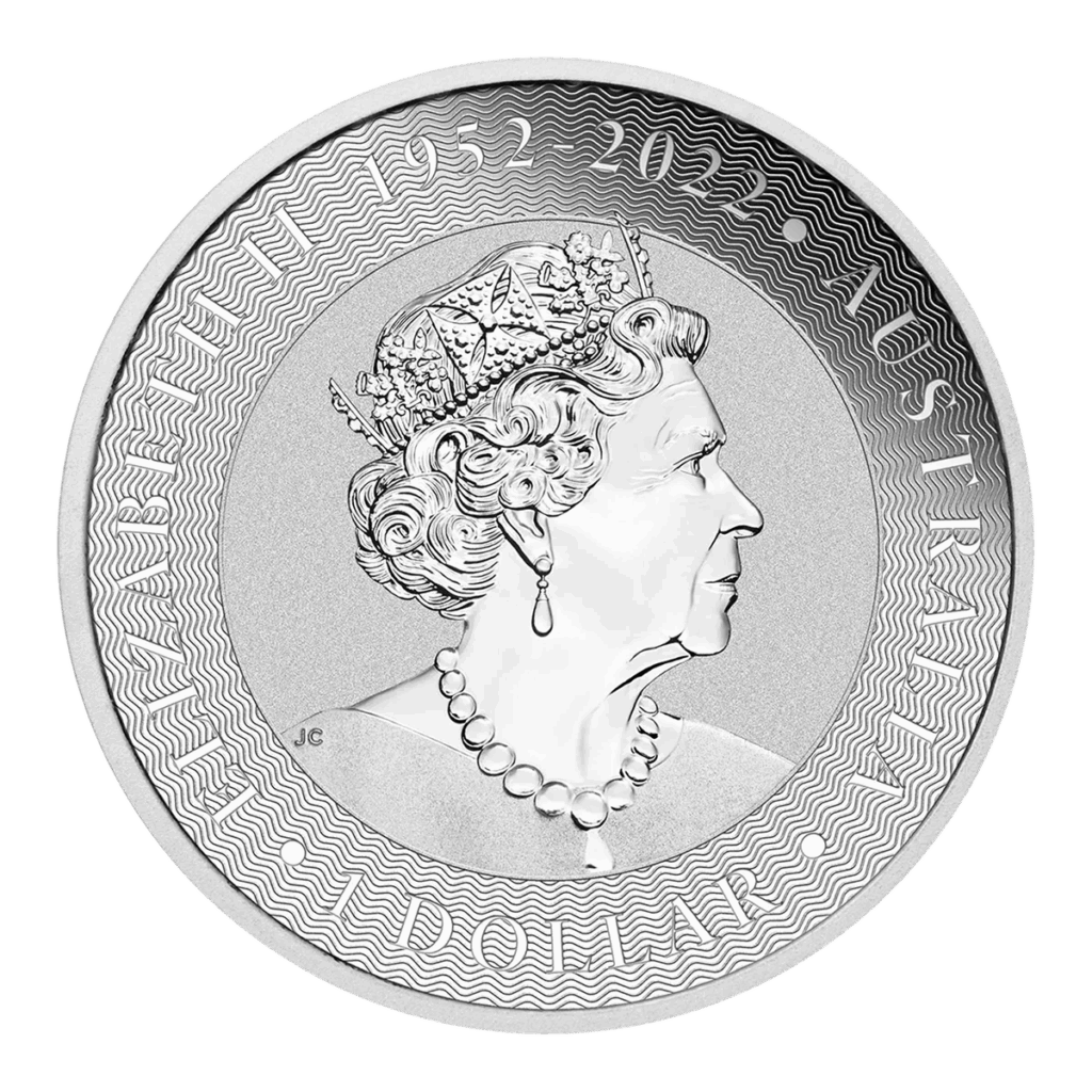 La moneta d'argento australiana mostra la regina Elisabetta II di profilo con una corona e una collana. Sul bordo è incisa la scritta ELIZABETH II 1952-2022 AUSTRALIA, mentre in basso compare la scritta DOLLAR.