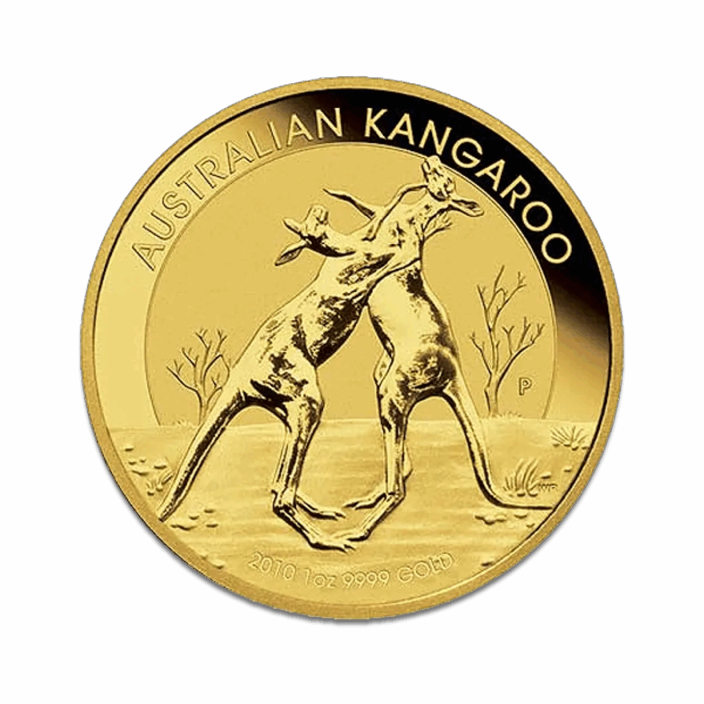 Una moneta d'oro da 1 oz Canguro Nugget Oro Anni diversi mostra due canguri che boxano, con "AUSTRALIAN KANGAROO" in alto, "1oz 9999 GOLD" e l'anno in basso, oltre a un paesaggio desertico e alberi sullo sfondo.