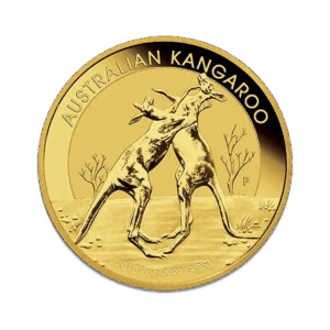 Una moneta d'oro da 1 oz Canguro Nugget Oro Anni diversi mostra due canguri che boxano, con "AUSTRALIAN KANGAROO" in alto, "1oz 9999 GOLD" e l'anno in basso, oltre a un paesaggio desertico e alberi sullo sfondo.