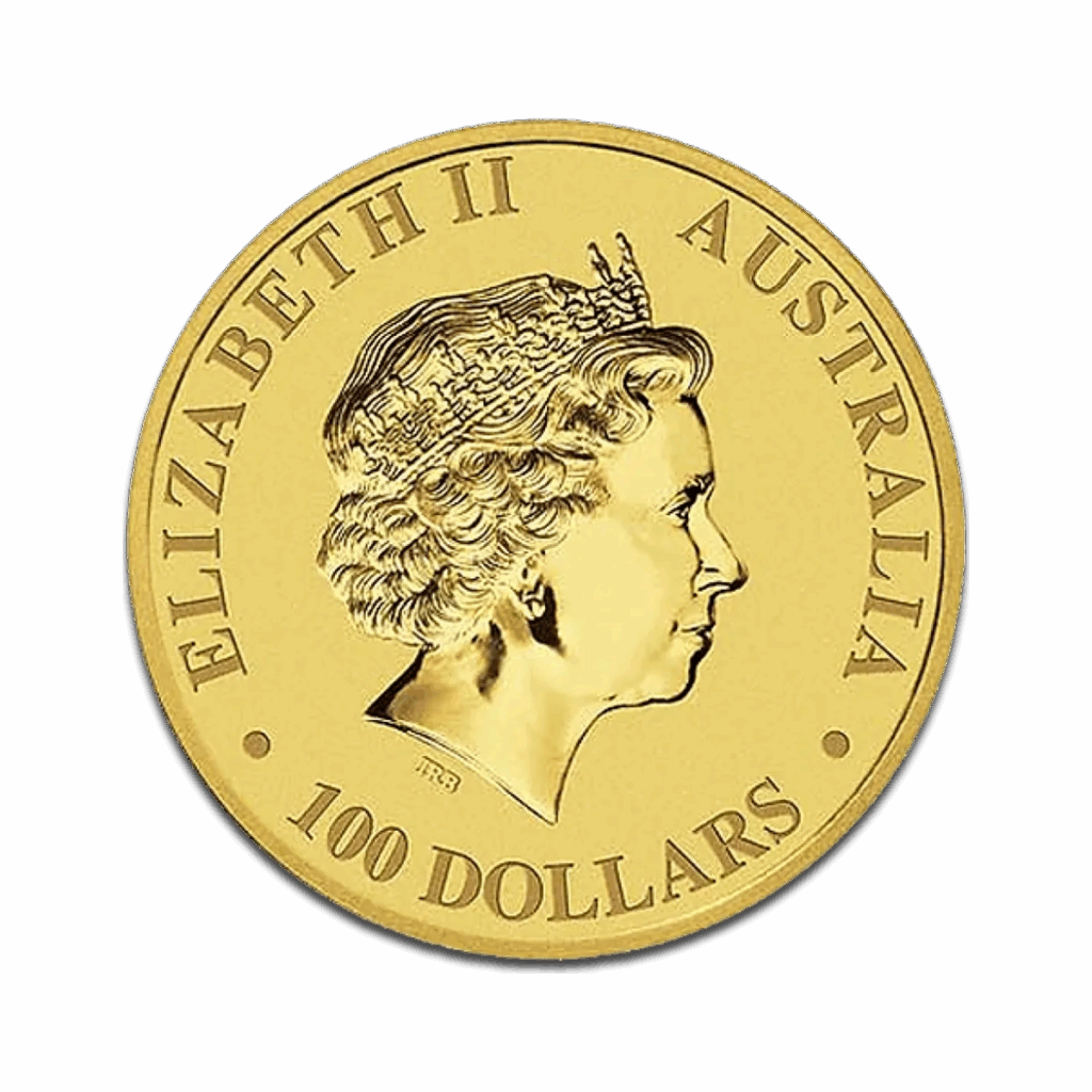 Moneta d'oro da 1 oz Canguro Nugget Oro Anni diversi dell'Australia, con profilo di donna coronata e iscrizioni ELIZABETH II, AUSTRALIA e 100 DOLLARI.