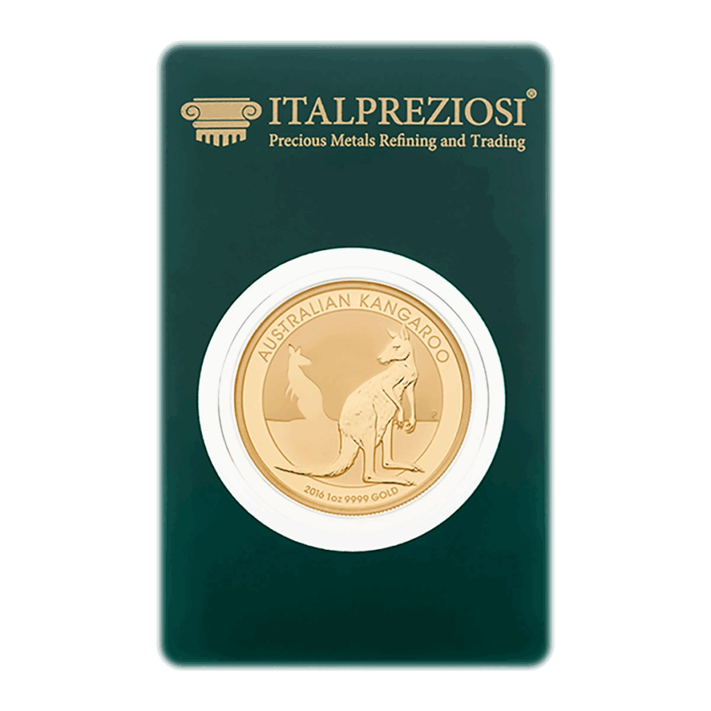 Moneta d'oro australiana Nugget in confezione protettiva, con un canguro e una sagoma più piccola. La confezione reca il marchio ITALPREZIOSI Precious Metals Refining and Trading in oro su sfondo verde scuro.