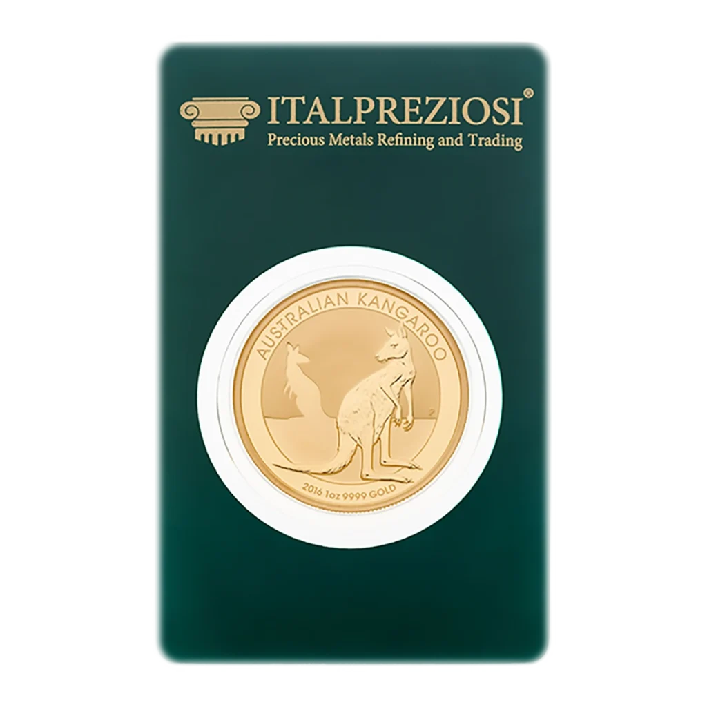 A gold coin named Australian Nugget with a kangaroo and the text AUSTRALIAN KANGAROO is encased in green packaging labeled ITALPREZIOSI Precious Metals Refining and Trading.