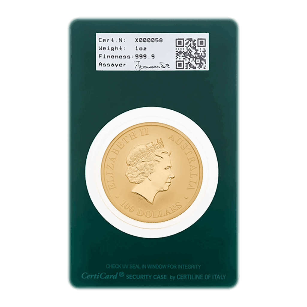 La moneta d'oro Australian Nugget presenta il profilo della Regina Elisabetta II ed è sigillata in una confezione verde con i dettagli della certificazione: 1 oz, 999,9 di finezza, un codice QR e la dicitura "AUSTRALIA 100 DOLLARS".