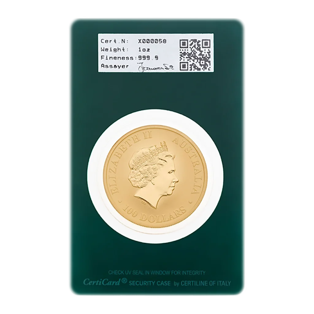 An Australian Nugget gold coin featuring Queen Elizabeth II’s profile, marked ELIZABETH II AUSTRALIA 100 DOLLARS, secured in a green CertiCard holder with assay info and a QR code at the top.