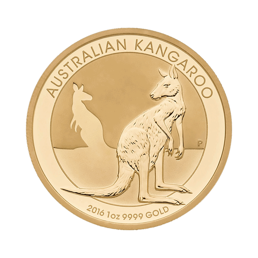 La moneta d'oro Australian Nugget mostra un canguro dettagliato davanti, una sagoma di canguro dietro, la scritta AUSTRALIAN KANGAROO sopra e l'iscrizione 2016 1oz 9999 GOLD in basso.