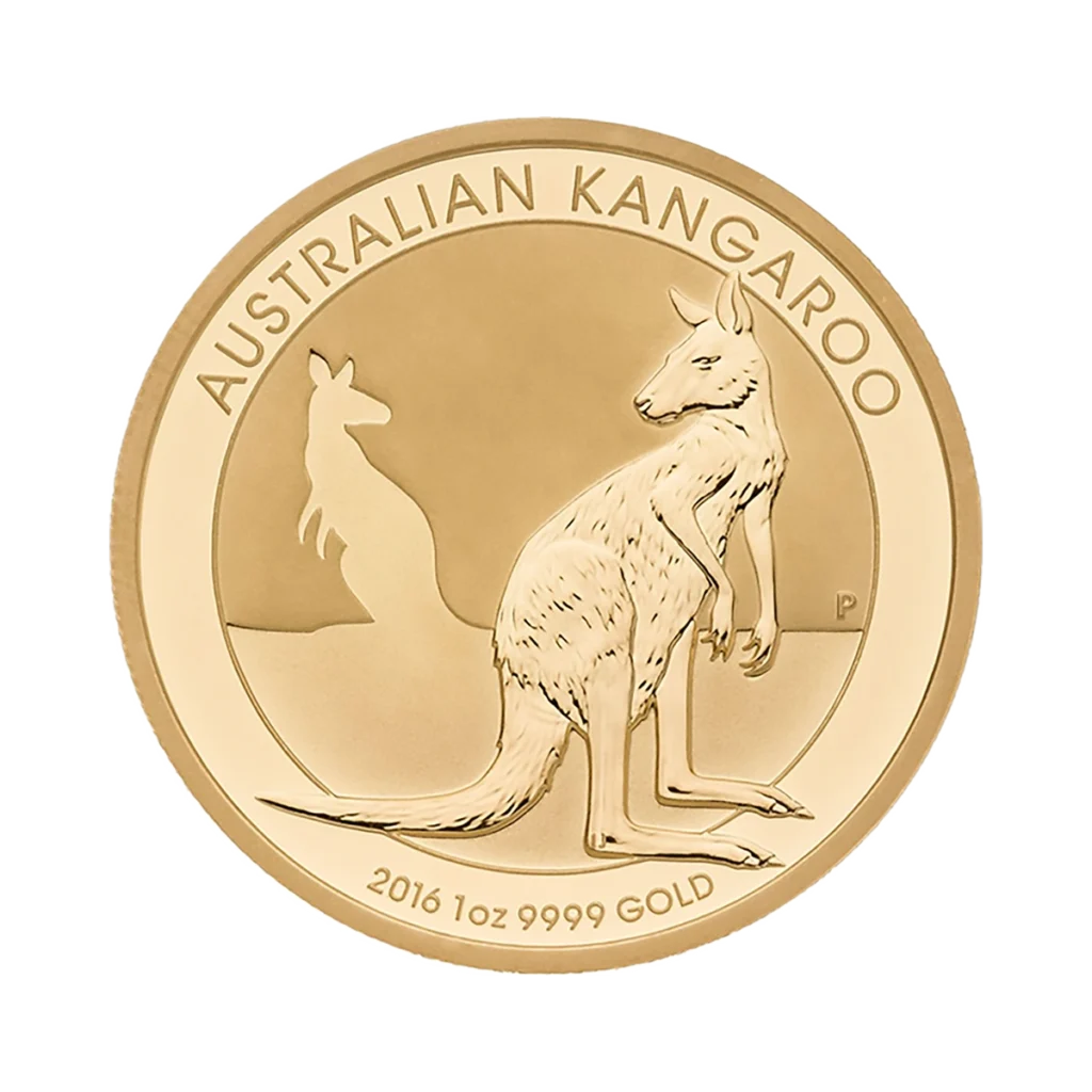 The Australian Nugget gold coin shows a detailed kangaroo in the foreground, a silhouetted kangaroo in the background, "AUSTRALIAN KANGAROO" along the top, and "2016 1oz 9999 GOLD" at the bottom.