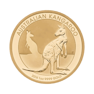 La moneta d'oro Australian Nugget mostra un canguro dettagliato davanti, una sagoma di canguro dietro, la scritta AUSTRALIAN KANGAROO sopra e l'iscrizione 2016 1oz 9999 GOLD in basso.