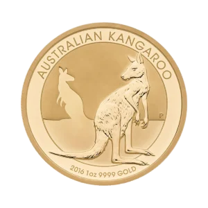 La moneda de oro denominada Australian Nugget presenta un canguro grabado en primer plano, la silueta de un canguro en segundo plano y la inscripción AUSTRALIAN KANGAROO con 2016 1oz 9999 GOLD en la parte inferior.