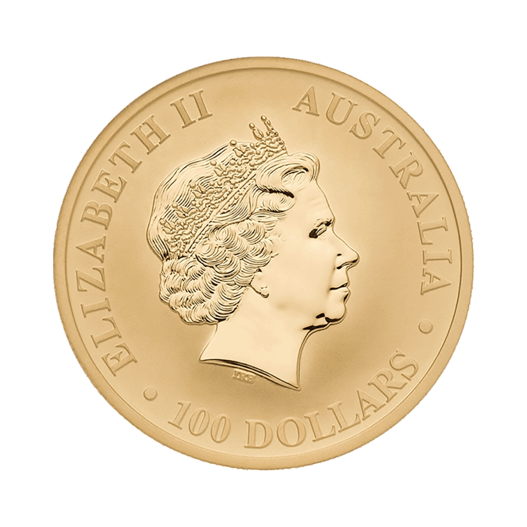 La moneta d'oro Australian Nugget presenta un ritratto di profilo della Regina Elisabetta II, con le iscrizioni "ELIZABETH II", "AUSTRALIA" e "100 DOLLARS" intorno al bordo.