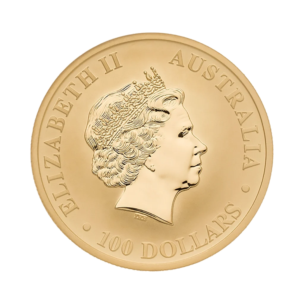 The Australian Nugget gold coin features a profile of Queen Elizabeth II, with "ELIZABETH II AUSTRALIA 100 DOLLARS" engraved around its edge.