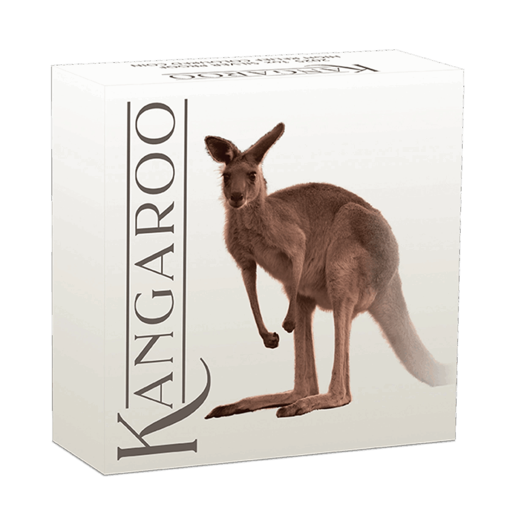 Un cofanetto bianco con la scritta "Australia 2025 Canguro 1 oz Argento Proof Alto Rilievo Colorato" a caratteri cubitali, con un'immagine realistica e colorata di un canguro in posizione verticale sul fronte.