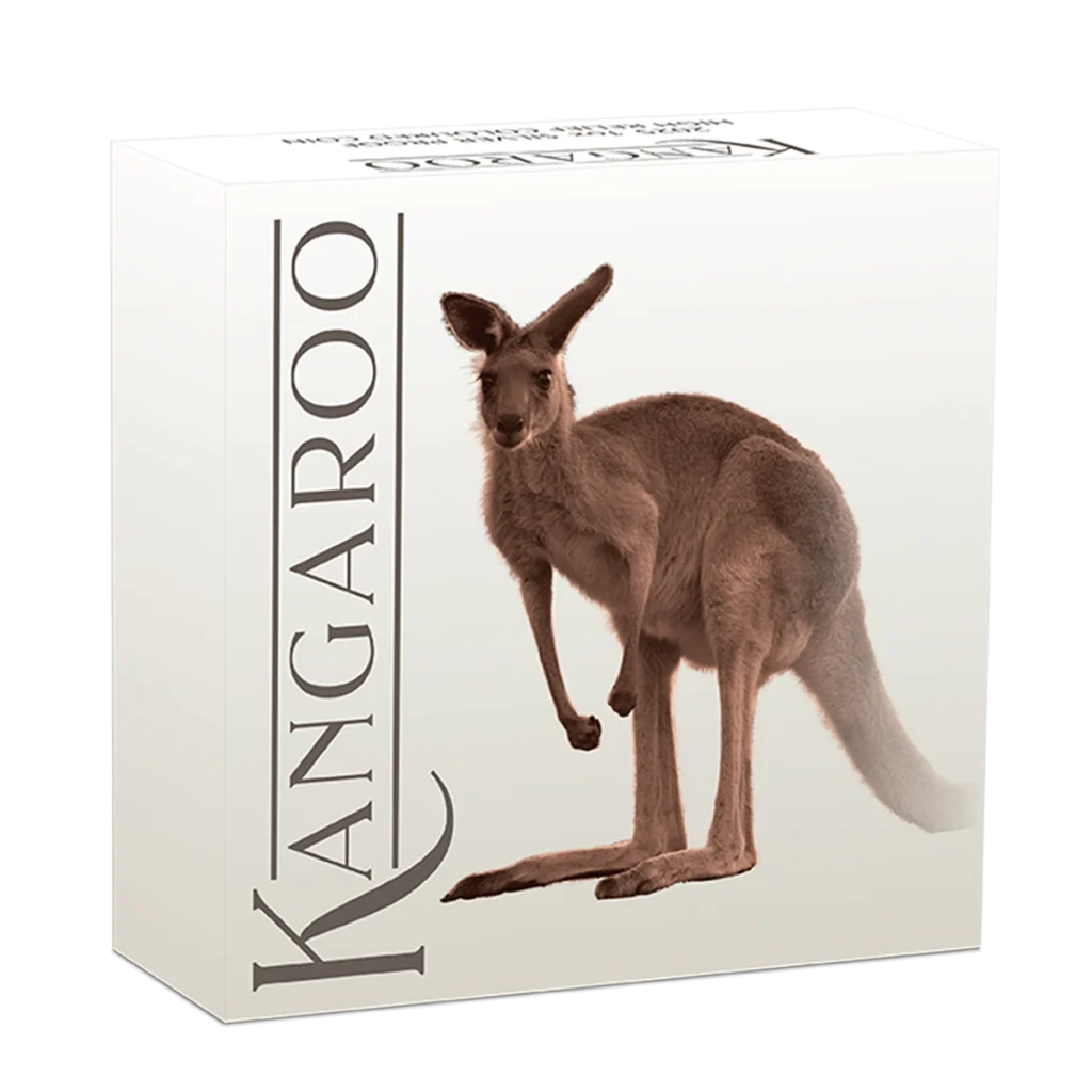 Caja de producto con una imagen realista de un canguro erguido, "Australia 2025 Canguro 1 oz Plata Proof Alto Relieve Coloreado" escrito verticalmente a la izquierda, sobre un fondo blanco liso.