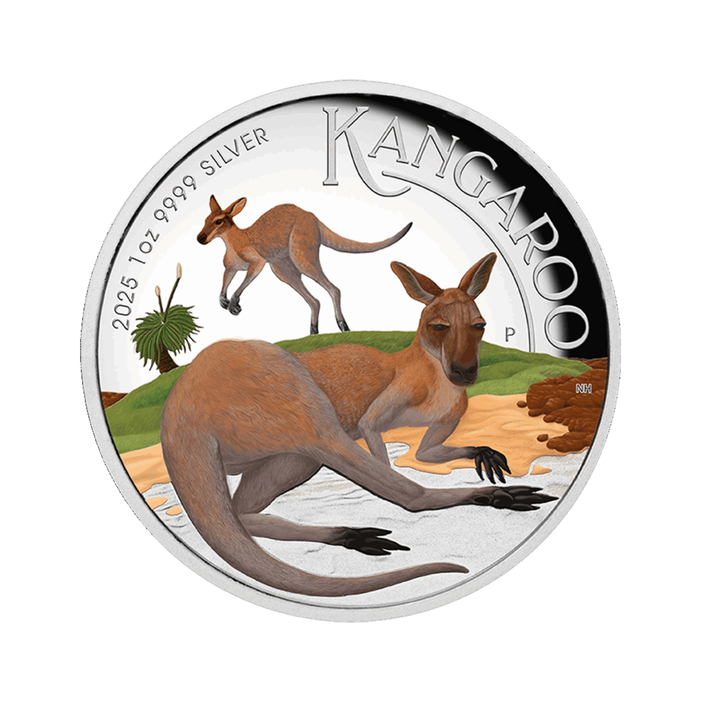 La moneta Australia 2025 Canguro 1 oz Argento Proof Alto Rilievo Colorato presenta due canguri nell'outback, con "2025 1 oz 9999 SILVER" e "KANGAROO" incisi lungo il bordo.