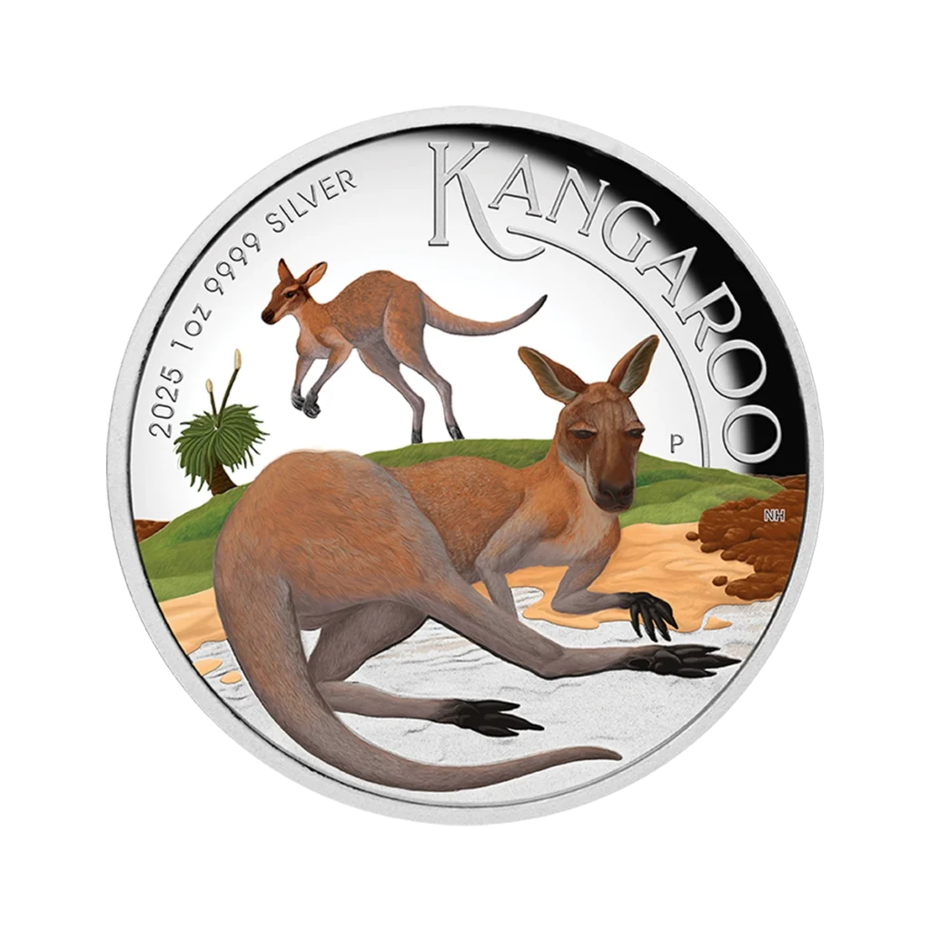La moneda de Australia 2025 Canguro 1 oz Plata Proof Alto Relieve Coloreado muestra dos canguros -uno recostado en primer plano y otro de pie al fondo- sobre un paisaje natural, con la inscripción "KANGAROO" y "2025 1 oz 9999 SILVER".