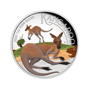 La moneta Australia 2025 Canguro 1 oz Argento Proof Alto Rilievo Colorato presenta due canguri nell'outback, con "2025 1 oz 9999 SILVER" e "KANGAROO" incisi lungo il bordo.