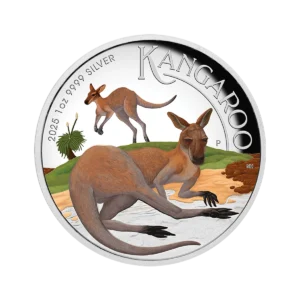 La moneda de Australia 2025 Canguro 1 oz Plata Proof Alto Relieve Coloreado muestra dos canguros -uno recostado en primer plano y otro de pie al fondo- sobre un paisaje natural, con la inscripción "KANGAROO" y "2025 1 oz 9999 SILVER".