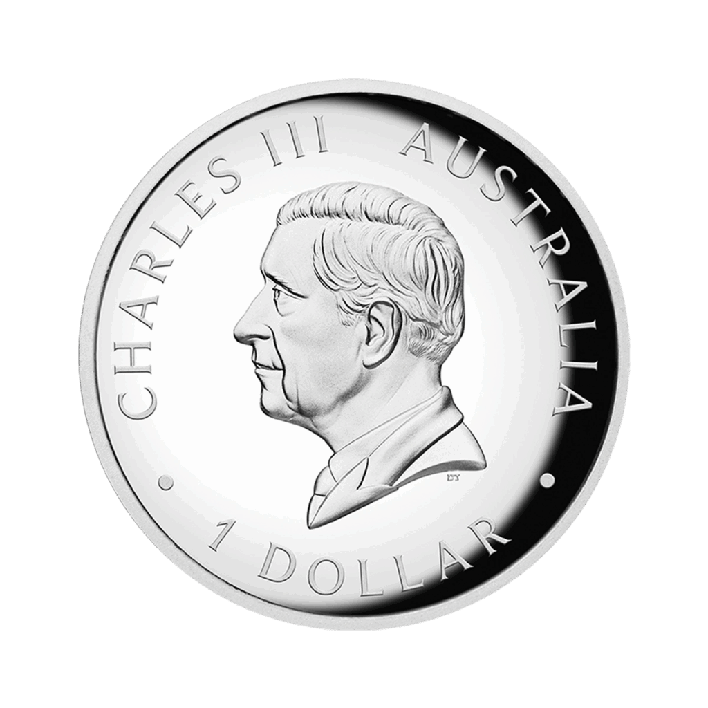 La moneta Australia 2025 Canguro 1 oz Argento Proof Alto Rilievo Colorato presenta un profilo di Re Carlo III rivolto verso sinistra, con le iscrizioni CHARLES III, AUSTRALIA e 1 DOLLAR intorno al bordo.