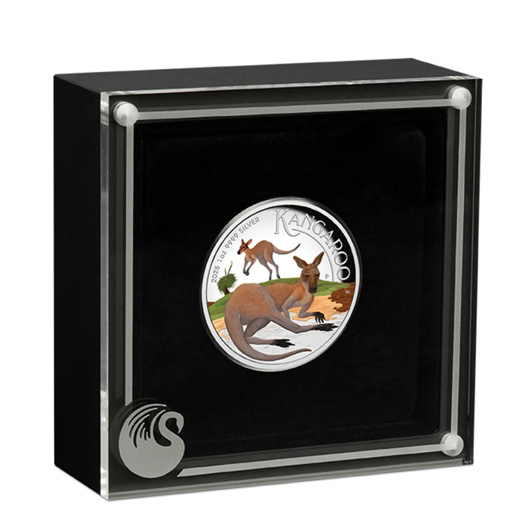 La moneda Australia 2025 Canguro 1 oz Plata Proof Alto Relieve Coloreado muestra dos canguros y "Kangaroo", presentados en una caja de cristal cuadrada negra con un emblema de cisne plateado en la esquina inferior izquierda.