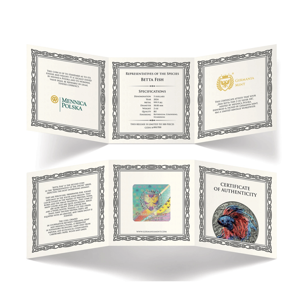 Un certificato di autenticità a sei pannelli per la moneta Isola di Niue 2024 Pesce Combattente 2 oz Argento Alto Rilievo, con testo, loghi Mennica Polska e Germania Mint, specifiche e illustrazioni colorate di pesci betta.
