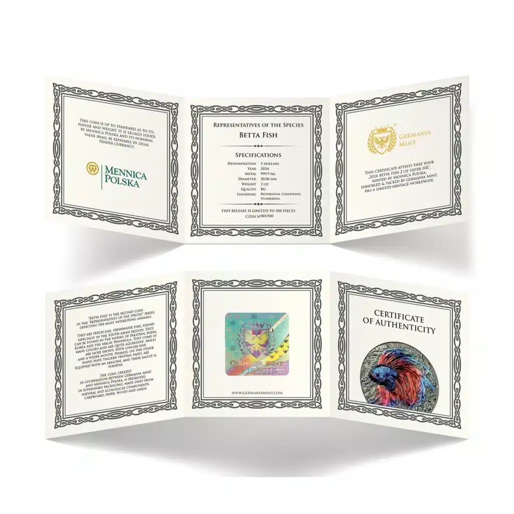 The Niue Island 2024 Betta Fish 2 oz Silver High Relief includes a folded certificate with details on betta fish, mint seals, a colored illustration, specifications, and a certificate of authenticity.