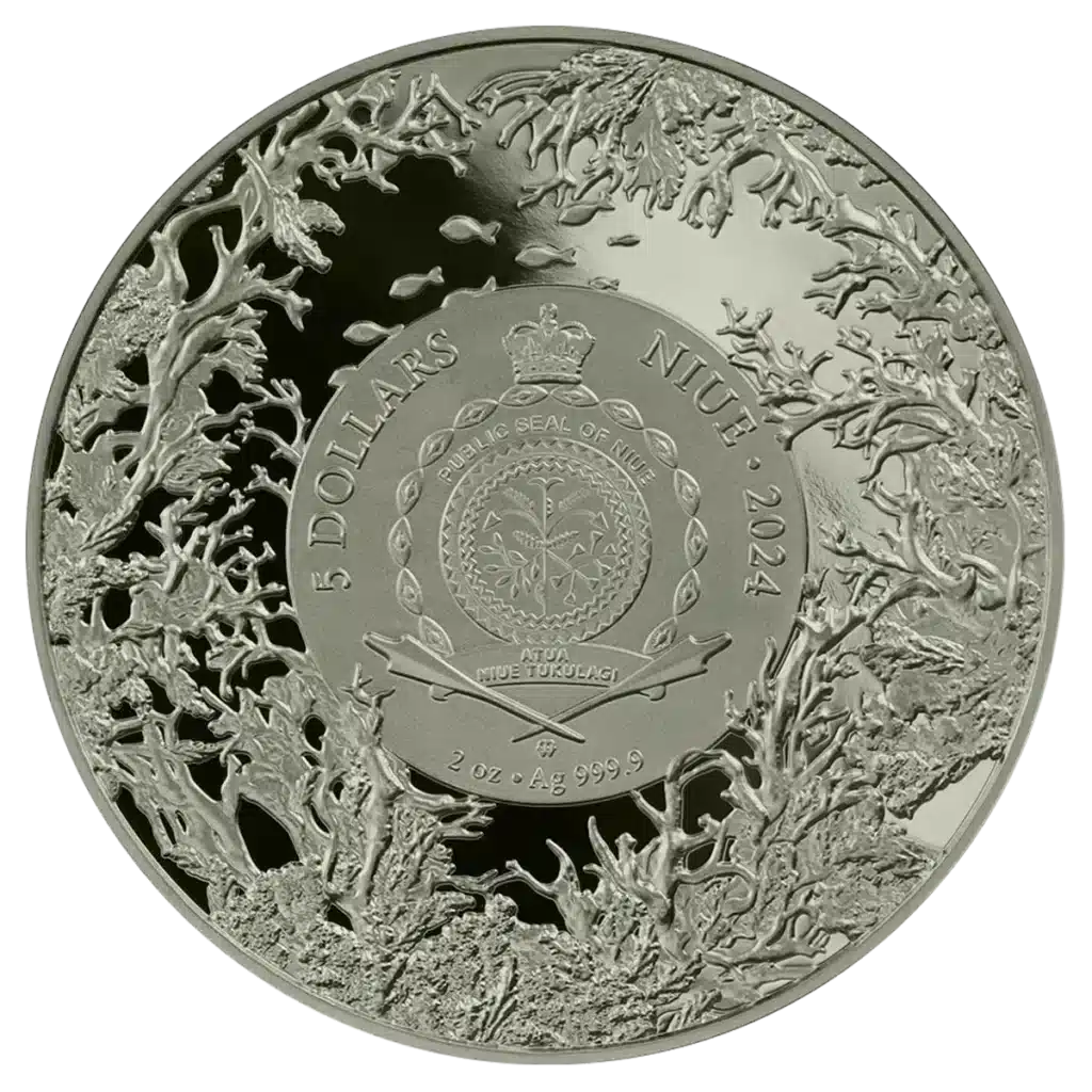 The Niue Island 2024 Betta Fish 2 oz Silver High Relief coin features detailed coral reef designs on the rim, an official seal with inscriptions at the center, a face value of 5 dollars, and is dated 2024.