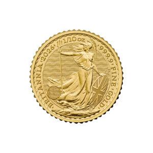 La moneta da 1/10 oz Britannia Oro 2026 - Re Carlo III mostra la Britannia con tridente e scudo, con l'iscrizione "BRITANNIA 2025 1/10 oz 999.9 FINE GOLD" intorno al bordo.