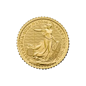 La Britannia Oro 2026 de 1/10 oz - Rey Carlos III muestra a Britannia con un tridente y un escudo, con la inscripción "BRITANNIA 2026 1/10 oz 999.9 FINE GOLD" alrededor del borde.