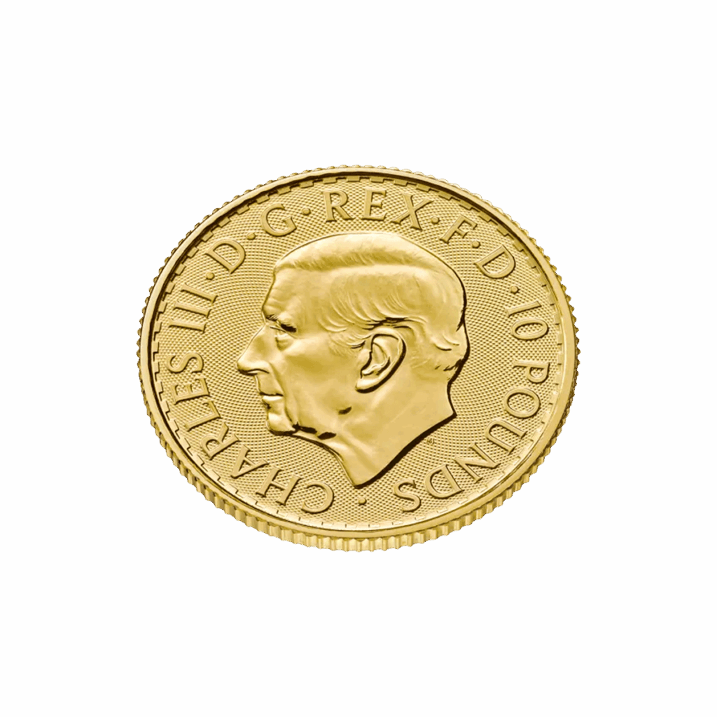 Moneta d'oro da 1/10 oz Britannia Oro 2026 con il profilo di Re Carlo III rivolto a sinistra e l'iscrizione "CHARLES III D G REX F D 10 POUNDS" su sfondo bianco.