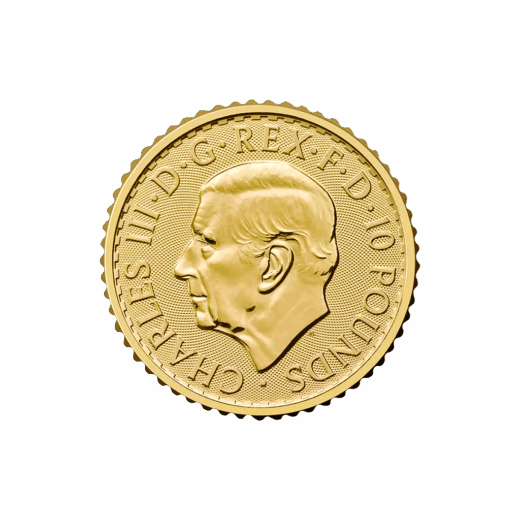 Moneta da 1/10 oz Britannia Oro 2026 con il profilo di Re Carlo III rivolto a sinistra e l'iscrizione "CHARLES III D G REX F D 10 POUNDS" su sfondo bianco.