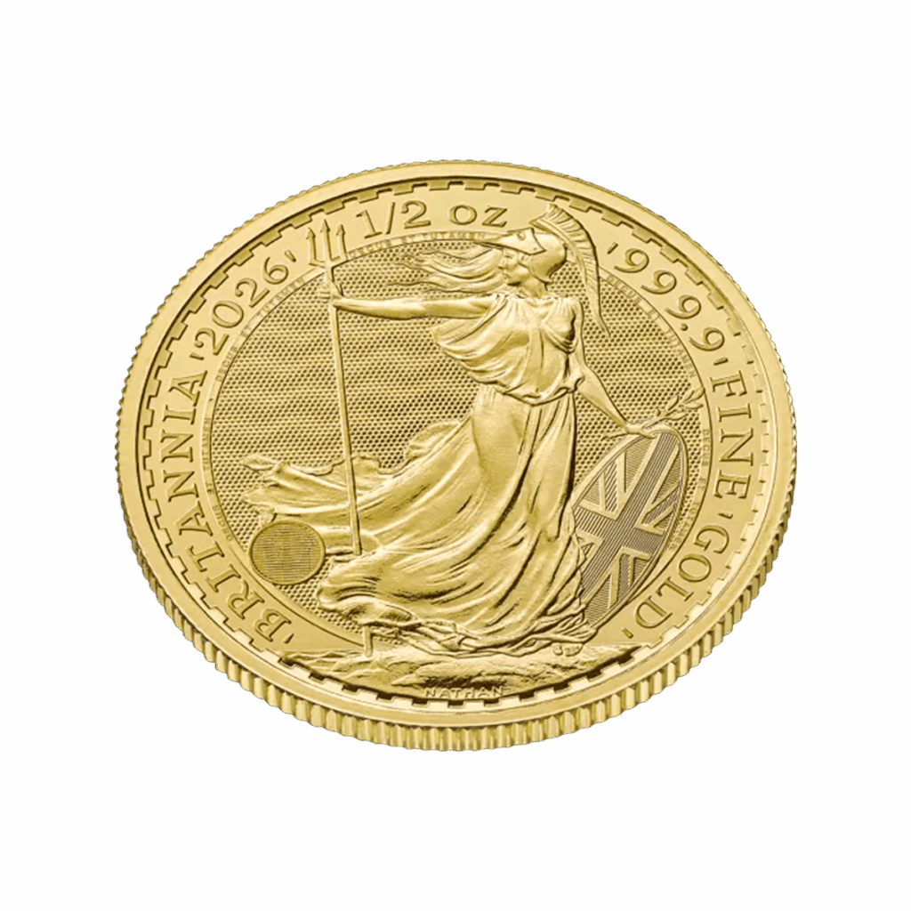 La moneta da 1/2 oz Britannia Oro 2026 - Re Carlo III presenta Britannia con tridente e scudo, un'incisione dettagliata, uno sfondo testurizzato ed è orlata dalla scritta "BRITANNIA 2026 1/2 oz 999.9 FINE GOLD".