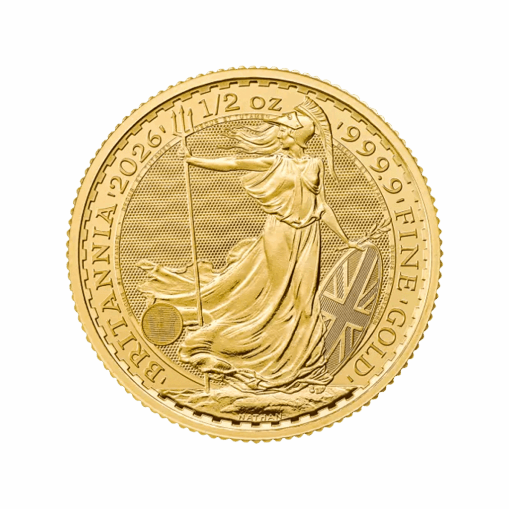 La moneta da 1/2 oz Britannia Oro 2026 - Re Carlo III presenta una donna in piedi con tridente e scudo, con l'iscrizione "BRITANNIA 2026 1/2 OZ 999.9 FINE GOLD".