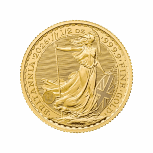 La moneta da 1/2 oz Britannia Oro 2026 - Re Carlo III presenta una donna in piedi con tridente e scudo, con l'iscrizione "BRITANNIA 2026 1/2 OZ 999.9 FINE GOLD".