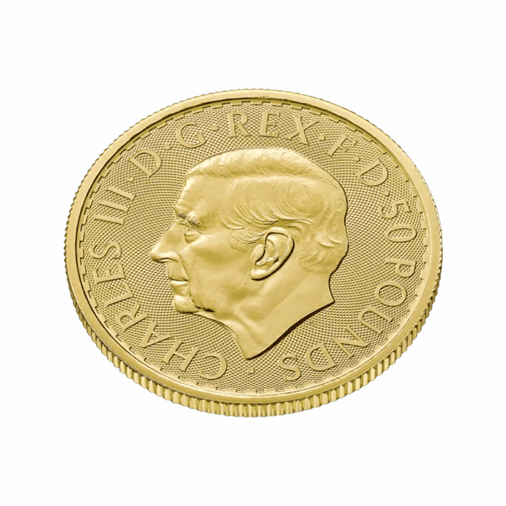 La moneta d'oro Britannia Oro 2026 - Re Carlo III da 1/2 oz presenta un profilo di Re Carlo III rivolto verso sinistra con l'iscrizione "CHARLES III D G REX F D 50 POUNDS" lungo il bordo.