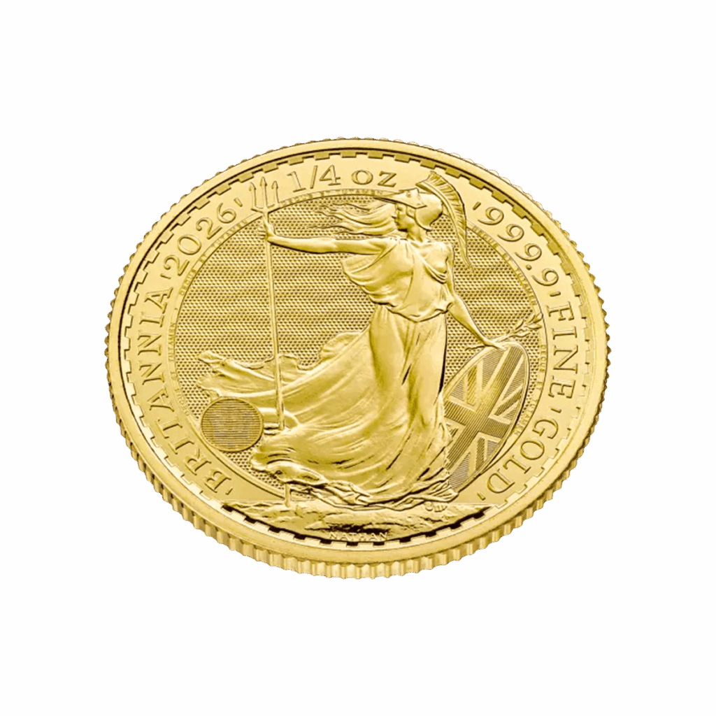 La moneta d'oro da 1/4 di oz Britannia Oro 2026 - Re Carlo III mostra la Britannia con il tridente e lo scudo dell'Union Jack, con la dicitura "1/4 oz", "999.9 FINE GOLD" e "BRITANNIA 2026". La moneta presenta dettagli intricati e riflettenti.