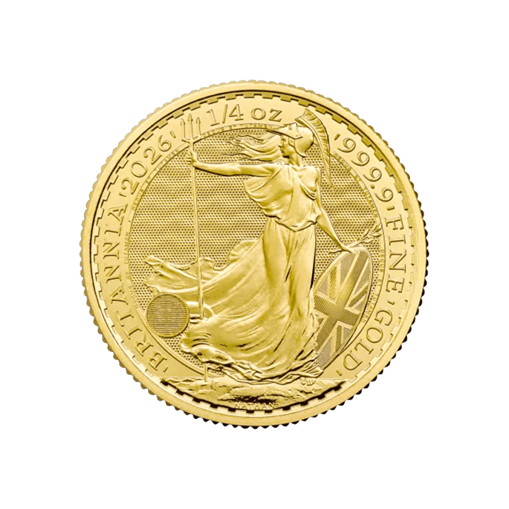 La moneta d'oro da 1/4 di oz Britannia Oro 2026 - Re Carlo III mostra la Britannia con un tridente e uno scudo, con l'iscrizione "BRITANNIA 2026 1/4 oz 999.9 FINE GOLD" lungo il bordo.