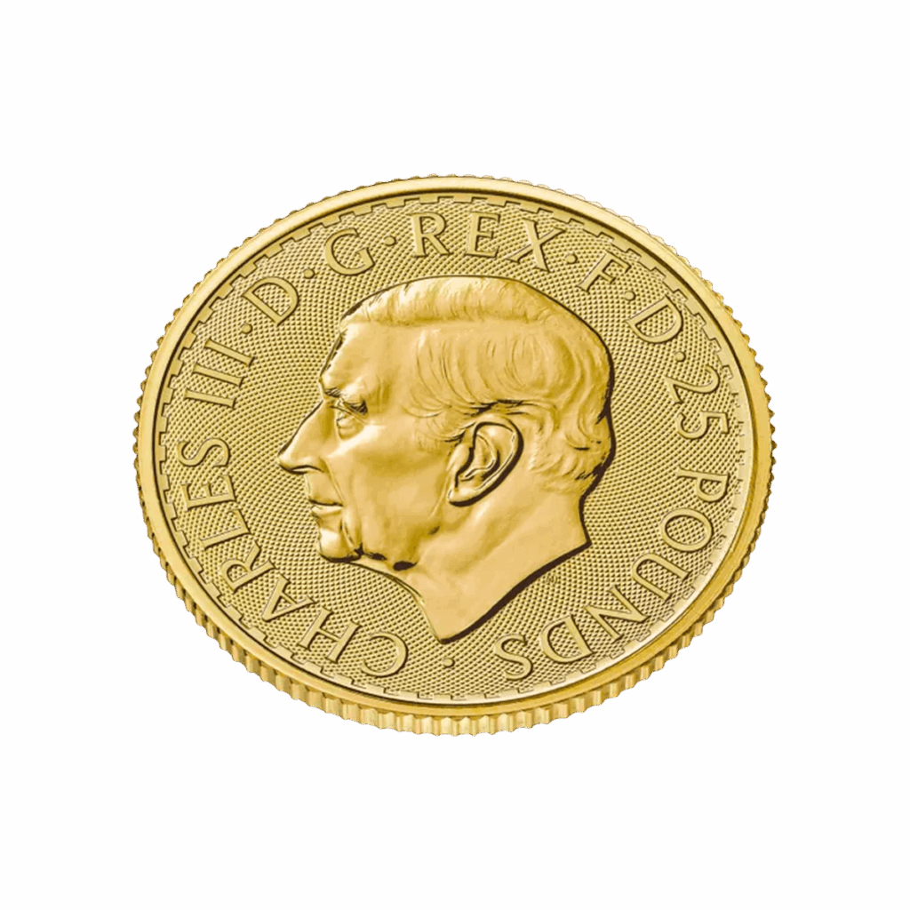 La moneta da 1/4 di oz Britannia Oro 2026 - Re Carlo III presenta un ritratto di Carlo III rivolto verso sinistra, un bordo rigato, una finitura lucida e l'iscrizione: CHARLES III D G REX F D 25 POUNDS intorno al bordo.