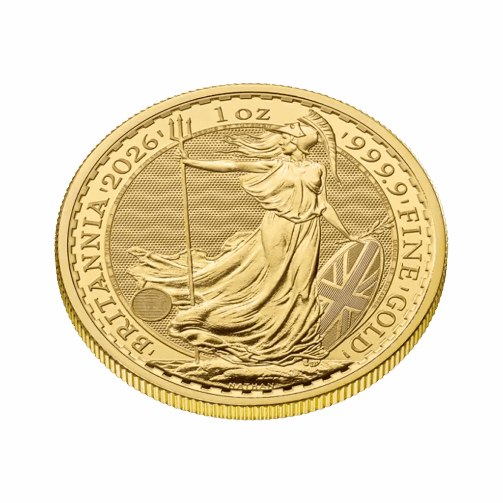 La moneta da 1 oz Britannia Oro 2026 - Re Carlo III presenta Britannia con tridente e scudo, con l'iscrizione BRITANNIA 2026, 1 oz e ORO 999,9 FINE.